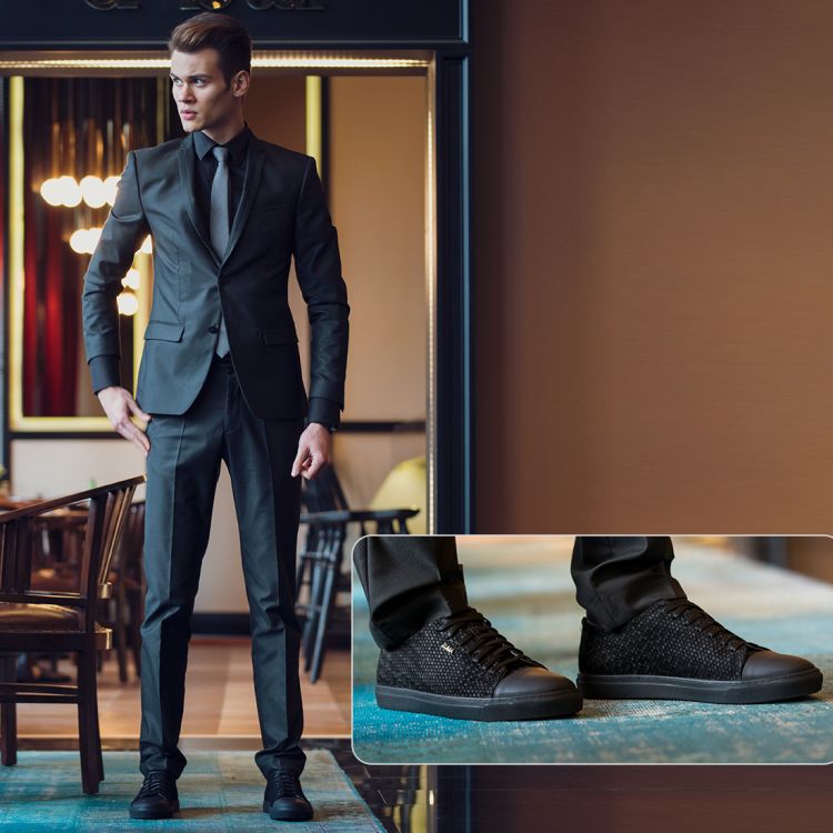 123 BLACK HONEYCOMB EMBOSSED LEATHER SNEAKER, With CAP TOE Galeri Resmi 1